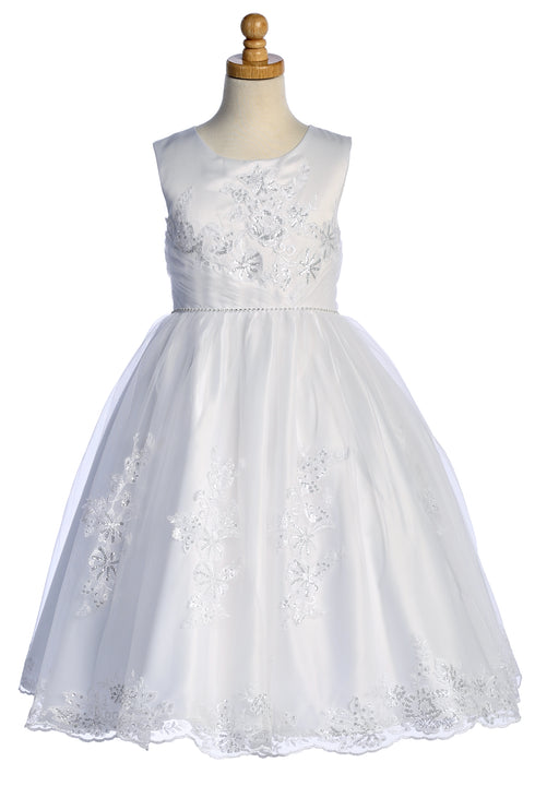 Girls Rhinestone Waist Trim Sequin Embroidered Tulle Satin Communion Dress 6-12